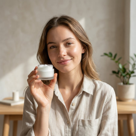 Portrait of a radiant woman with a gentle smile, showcasing a jar of cosmetic cream. Natural light illuminates her healthy skin in a serene, minimalist home setting.の素材