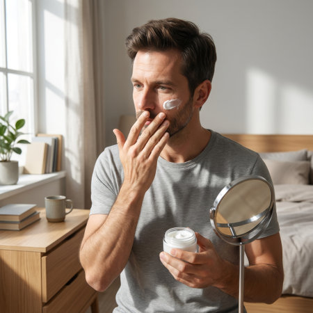 Bathed in soft morning light, a focused man with a beard carefully applies moisturizer to his face, embracing a daily self-care ritual in his bedroom.の素材