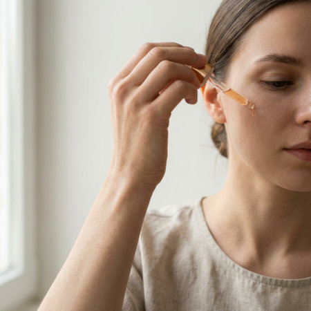 A focused young woman in a linen top gently applies a single drop of golden facial serum to her cheek with a glass dropper, a serene moment of her daily skincare routine.の素材