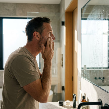 A handsome, middle-aged man performs his morning skincare routine, applying face cream while looking into the mirror in a sunlit, modern bathroom.の素材