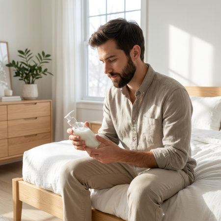 A handsome bearded man sits on his bed in a sunlit bedroom, thoughtfully examining a bottle of lotion as part of his morning self-care and grooming routine.の素材