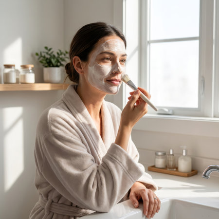 A serene woman in a plush bathrobe enjoys a morning self-care routine, applying a white clay facial mask with a brush in her sun-drenched, minimalist bathroom.の素材