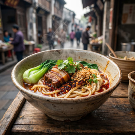 A delicious, steaming bowl of spicy pork belly noodles sits on a rustic table at a bustling outdoor market in an old Chinese town, inviting you to taste authentic street food.の素材