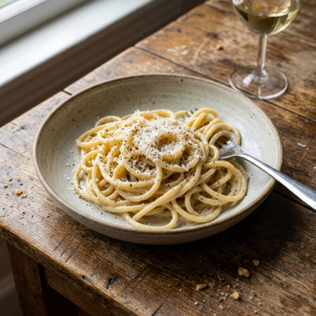 A comforting bowl of Cacio e Pepe pasta, topped with cheese and pepper, sits on a rustic wooden table by a window, paired with a glass of white wine for a simple, elegant meal.の素材