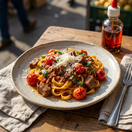 A delicious plate of beef ragu tagliatelle with fresh tomatoes and parmesan, served al fresco on a rustic wooden table under bright, warm sunlight.の素材