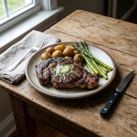 An appetizing grilled ribeye steak dinner, with compound butter melting over its seared surface, plated with roasted potatoes and asparagus on a rustic table by a sunlit window.の素材