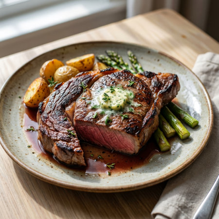 A gourmet ribeye steak, seared to perfection and sliced to reveal a juicy medium-rare interior, topped with melting herb butter and served with roasted potatoes and asparagus.の素材