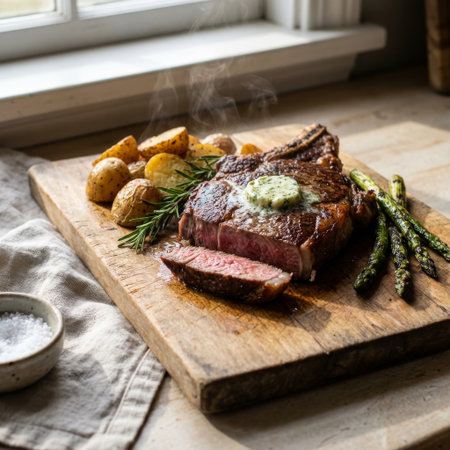 A succulent, steaming ribeye steak, sliced medium-rare with melting herb butter, served on a rustic board with roasted potatoes and asparagus by a sunlit window.の素材