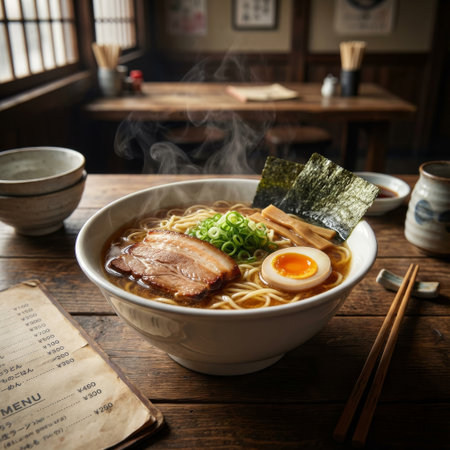 An inviting, steaming bowl of traditional Japanese ramen, topped with savory pork and a perfect soft-boiled egg, in a rustic, sunlit shop.の素材