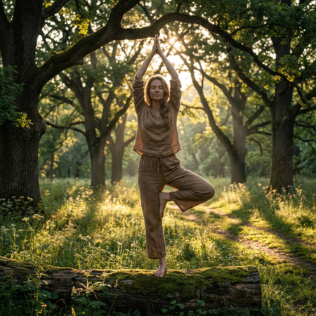 In a tranquil oak grove at golden hour, a serene woman balances barefoot in a yoga tree pose on a fallen log, her eyes closed in peaceful meditation amidst the glowing light.の素材