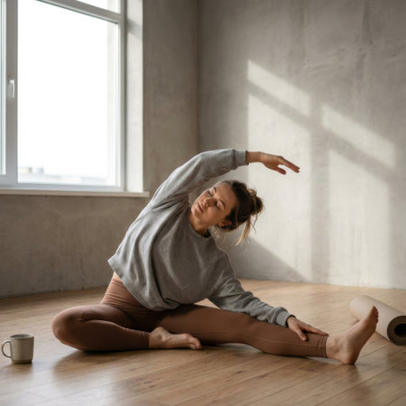 A calm woman with closed eyes enjoys a deep side stretch on a wooden floor, bathed in soft morning light from a large window in a minimalist studio.の素材