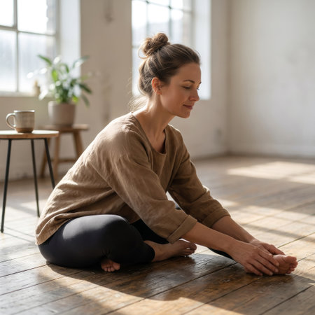 A serene woman with her hair in a bun practices a gentle yoga stretch on a sun-dappled wooden floor, finding a moment of peace in her bright, airy studio apartment.の素材