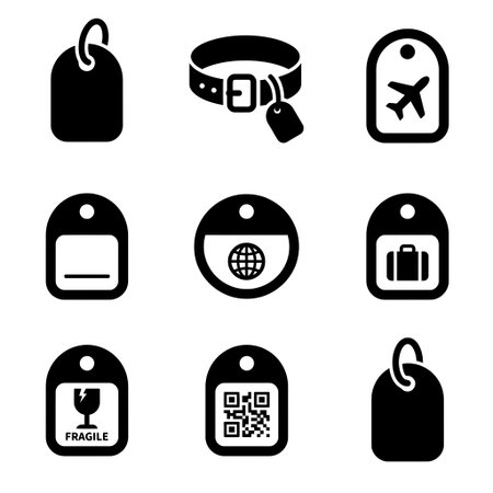 A collection of nine black glyph icons representing different tags such as luggage tags with airplane and suitcase symbols, a pet collar tag, a QR code tag, and a fragile label.のイラスト素材