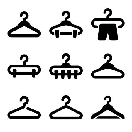 A collection of nine different clothes hanger icons in a simple black silhouette style. Includes hangers for shirts, pants, and multiple garments, isolated on a white background.のイラスト素材