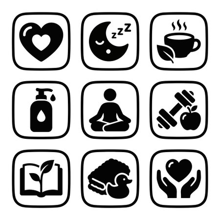 A collection of nine vector icons representing self care activities like sleep, meditation, exercise, hygiene, and relaxation for a balanced and healthy lifestyle.のイラスト素材
