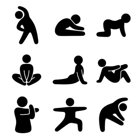 A collection of nine simple black and white icons depicting human figures in different stretching and warm up positions for physical fitness, yoga, and wellness routines.のイラスト素材