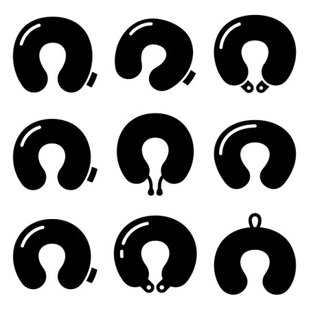 A collection of nine simple black and white icons showing different designs of U-shaped travel pillows for comfort and support during a journey.のイラスト素材