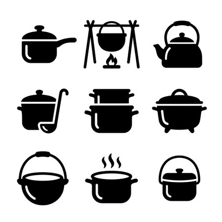 Vector graphic set of kitchenware and camping cookware symbols. Includes teapot saucepan double boiler and campfire pot icons isolated on a white background.のイラスト素材