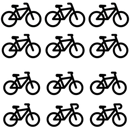 A versatile set of twelve black bicycle icons featuring various models and styles. This vector graphic collection is perfect for transportation, sports, and lifestyle design projects.のイラスト素材