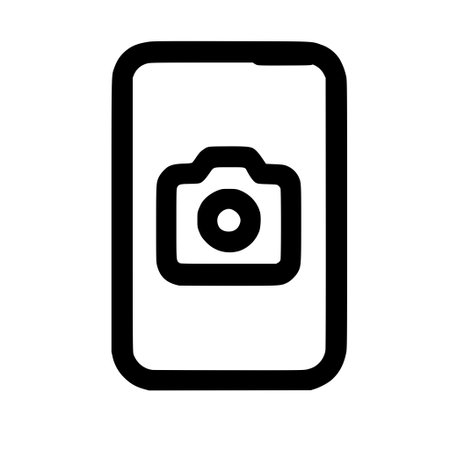 A simple and modern line icon representing a smartphone with a camera symbol. This vector graphic is...
