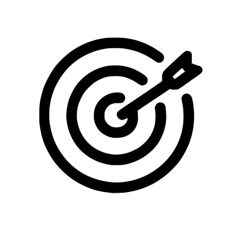 A simple black line art icon of a circular target or dartboard with an arrow precisely hitting the center, symbolizing success, achievement, and goals.のイラスト素材