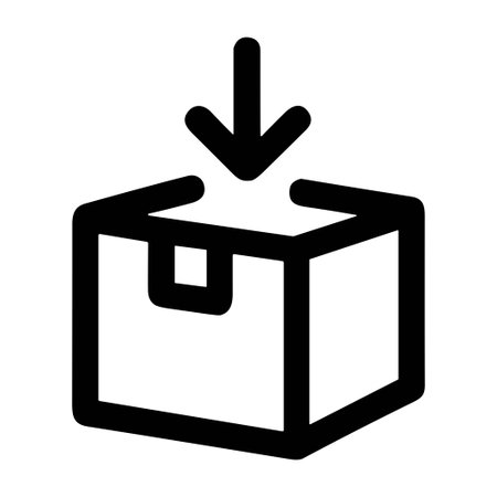 A minimalist black and white icon showing a downward arrow entering a package. Symbol for download, inbox, storage, or delivery. Isolated on a white background.のイラスト素材