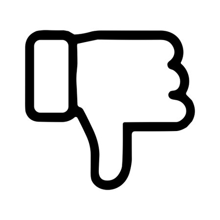 A minimalist black and white line art icon depicting a thumbs down hand gesture. This symbol represents dislike, disapproval, negativity, and negative feedback. Isolated on a white background.のイラスト素材