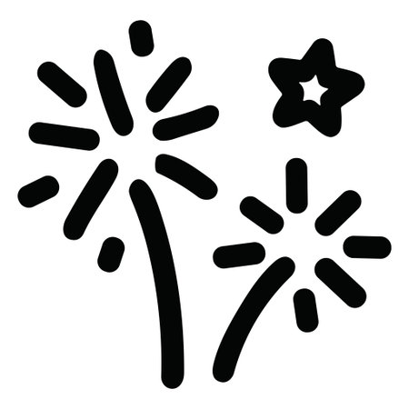 A simple black line art icon of two exploding fireworks and a star. This minimalist doodle represents celebration, holidays, and special events like New Years Eve or the Fourth of July.のイラスト素材
