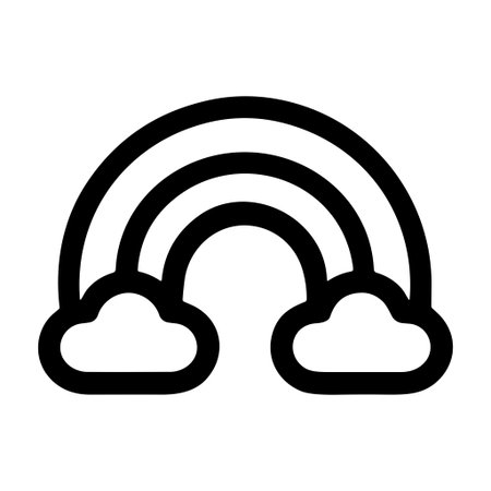 A minimalist black outline icon of a rainbow arching between two fluffy clouds. This simple and clean vector graphic is perfect for weather apps, logos, or childrens designs.のイラスト素材