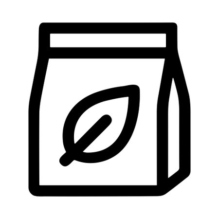 A minimalist vector icon of a food or drink pouch. The packaging features a prominent leaf design, symbolizing natural, eco friendly, or organic contents like tea or coffee.のイラスト素材