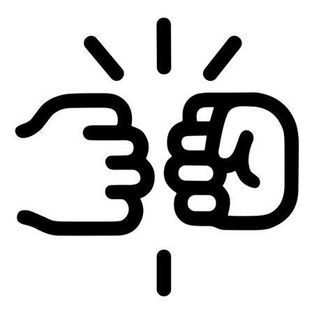 A simple black and white line art icon of two fists bumping together. This minimalist vector graphic symbolizes greeting, respect, friendship, teamwork, and partnership.のイラスト素材