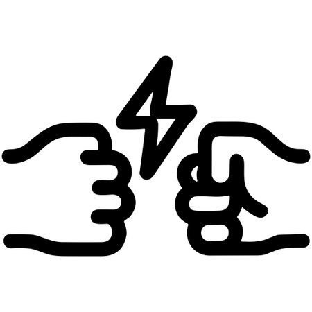 A simple black and white line icon representing conflict, confrontation, and a power struggle. Two fists are shown facing each other with a lightning bolt in between.のイラスト素材