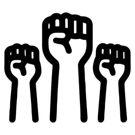 A bold black and white graphic featuring three clenched fists raised in solidarity, representing strength, protest, resistance, unity, empowerment, and activism.のイラスト素材
