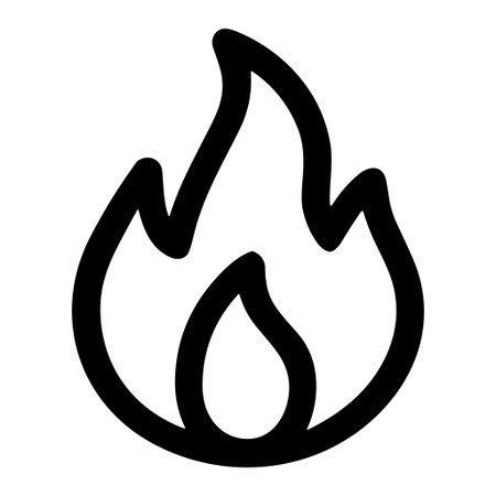 Black outline of a stylized flame icon on white background, suitable for fire safety, heating, or energy themes in digital or print media.のイラスト素材