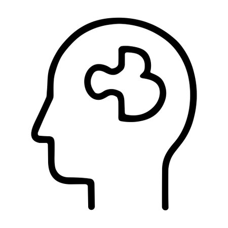 A minimalist black and white line icon showing a human head silhouette with a jigsaw puzzle piece inside, symbolizing mental health, psychology, thinking, and cognitive processes.のイラスト素材