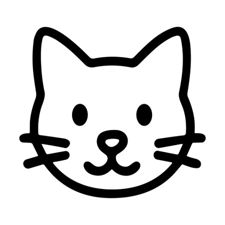 A minimalist black outline illustration of a friendly cat's head. The simple doodle features a cute...