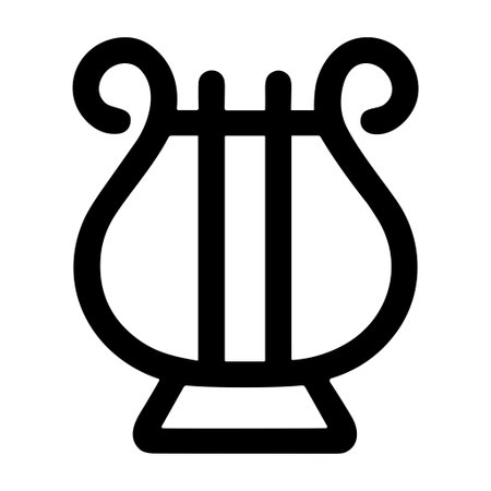 A minimalist black outline icon of a lyre, an ancient Greek stringed musical instrument. This simple...
