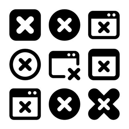 A set of black and white error icons including crosses, , and symbols used in digital interfaces and...