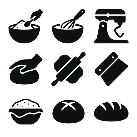 A collection of nine simple black icons depicting the bread making process from mixing ingredients...