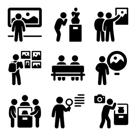 A collection of simple silhouette icons showing people viewing paintings, sculptures, and exhibits...
