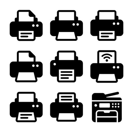 A collection of nine black solid glyph icons representing various printers, including wireless and...