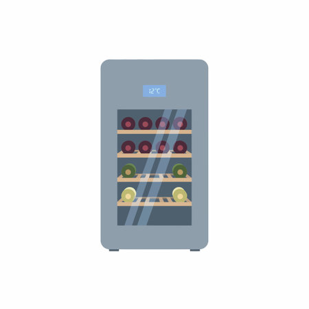 A flat vector illustration of a modern grey wine fridge. It features a glass door, a digital display, and multiple shelves stocked with various wine bottles.のイラスト素材