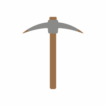 A flat design vector icon of a pickaxe, a hand tool used for mining and construction. The tool...