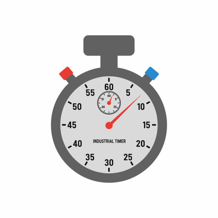 A flat vector illustration of a classic analog industrial timer. The gray stopwatch features a white...