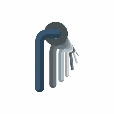 A vector illustration of a set of L-shaped Allen keys of various sizes. The hex wrenches are held...