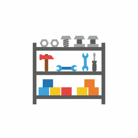 A simple flat design illustration of a metal shelving unit. The shelves hold tools like a hammer,...