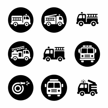 A set of nine minimalist icons depicting fire trucks, fire engines, and a fire hose. The simple...