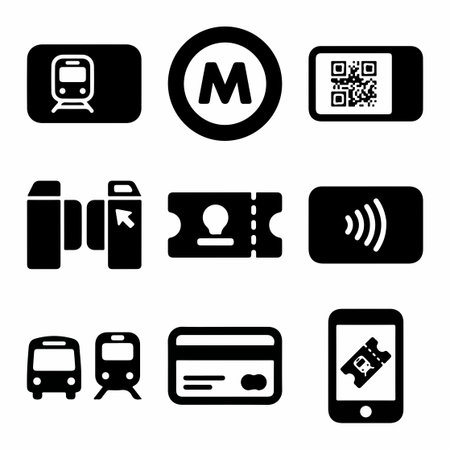 A collection of black glyph icons representing urban public transportation including metro bus and...