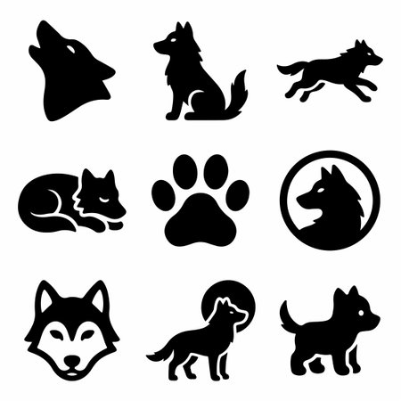 A collection of nine isolated black vector icons depicting wolves and dogs in various poses like...