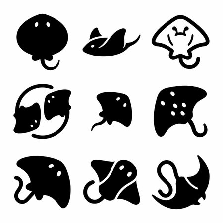 A collection of nine distinct stingray and manta ray silhouettes. This set features various poses...